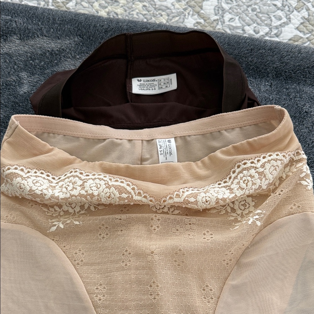 Wacoal shapewear. Two pair - brown, beige lace. Size 5-Small